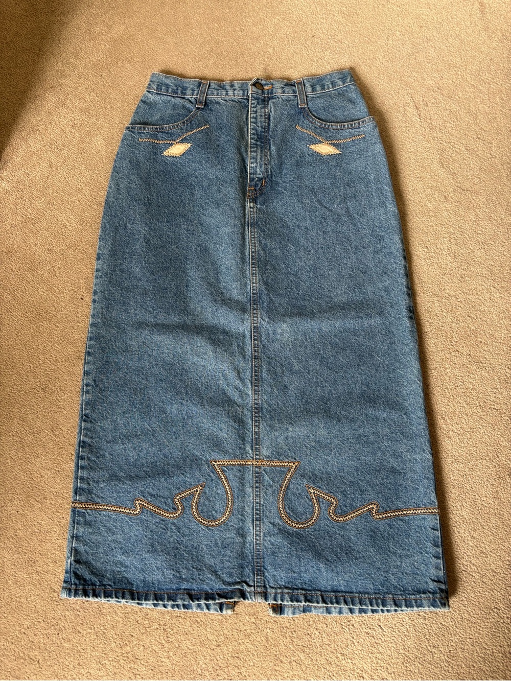 Vintage Blue Denim Maxi Skirt Embroidered Western Boho Y2K Size 26